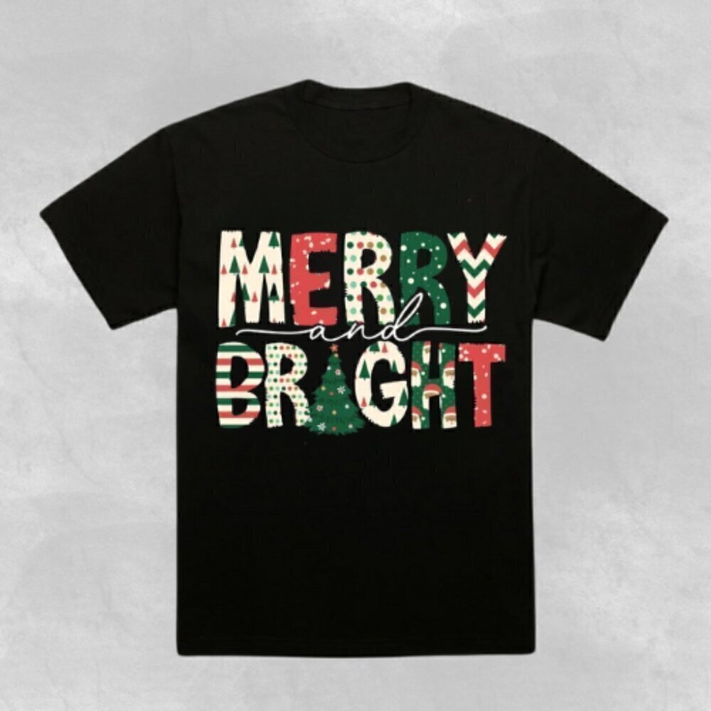 Merry And Bright Classic Christmas Holiday Typography T-Shirt